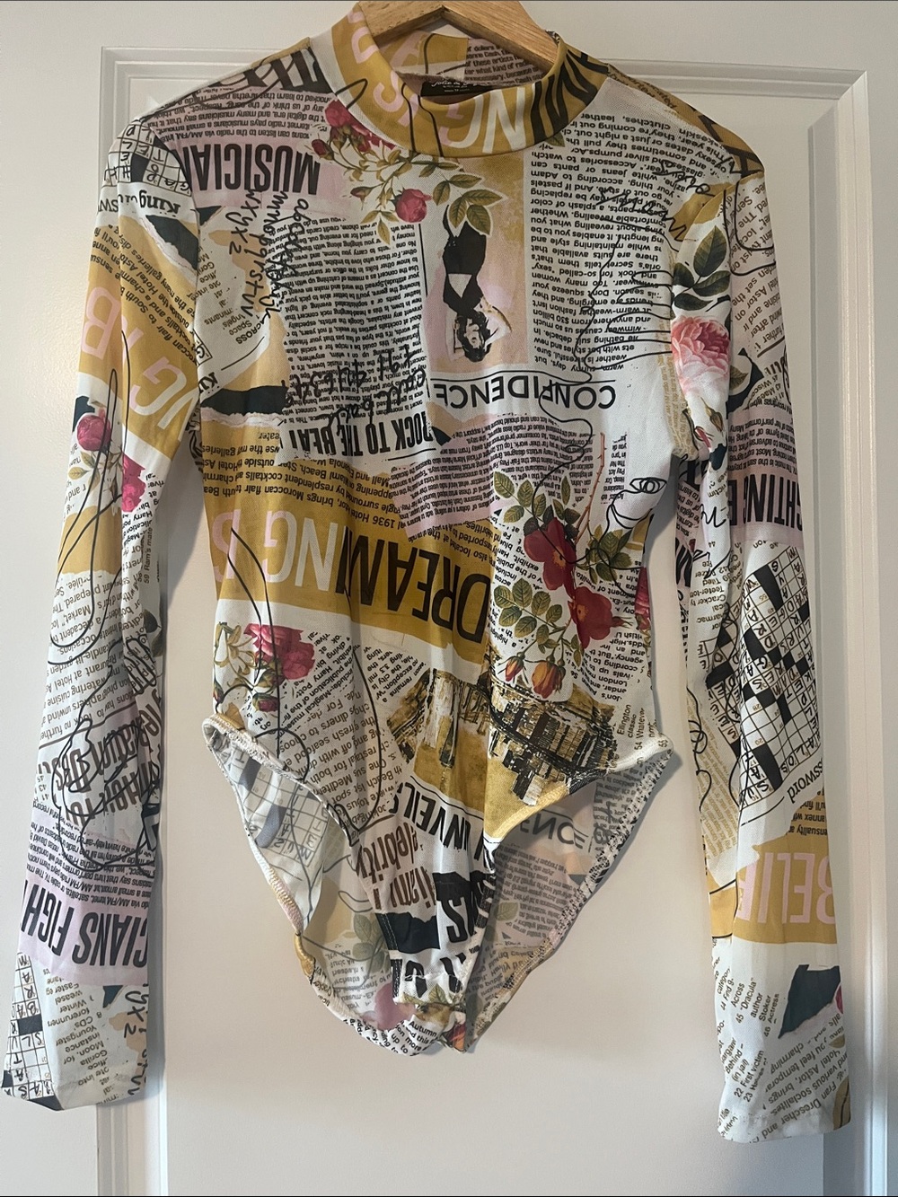 Jolie & Joy Newspaper Floral Mesh Bodysuit XL Sheer long sleeve stylish